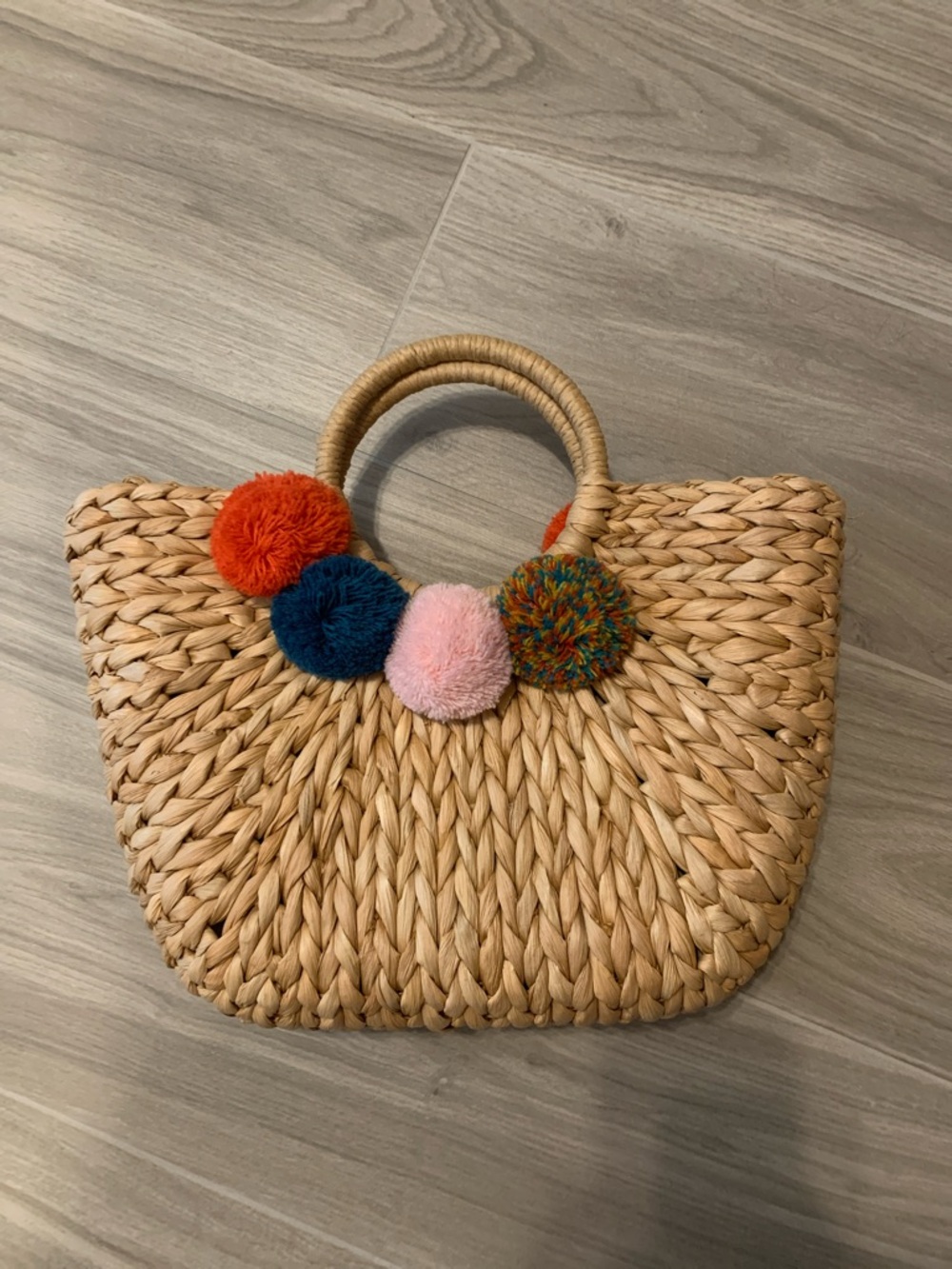 Woven Straw Hobo Bag with Multicolor Pom-Poms - Natural